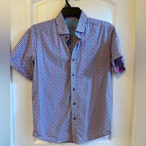 Robert Graham Tailored Fit L Pink Turquoise Check Short Sleeve Sh w/embroidery